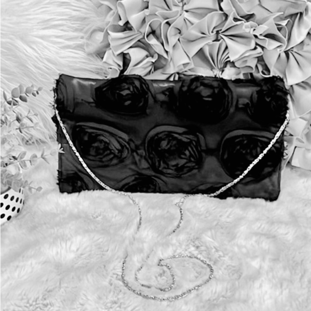 Black Mesh Sheer Rosette Clutch Chain Shoulder Crossbody Bag Purse
